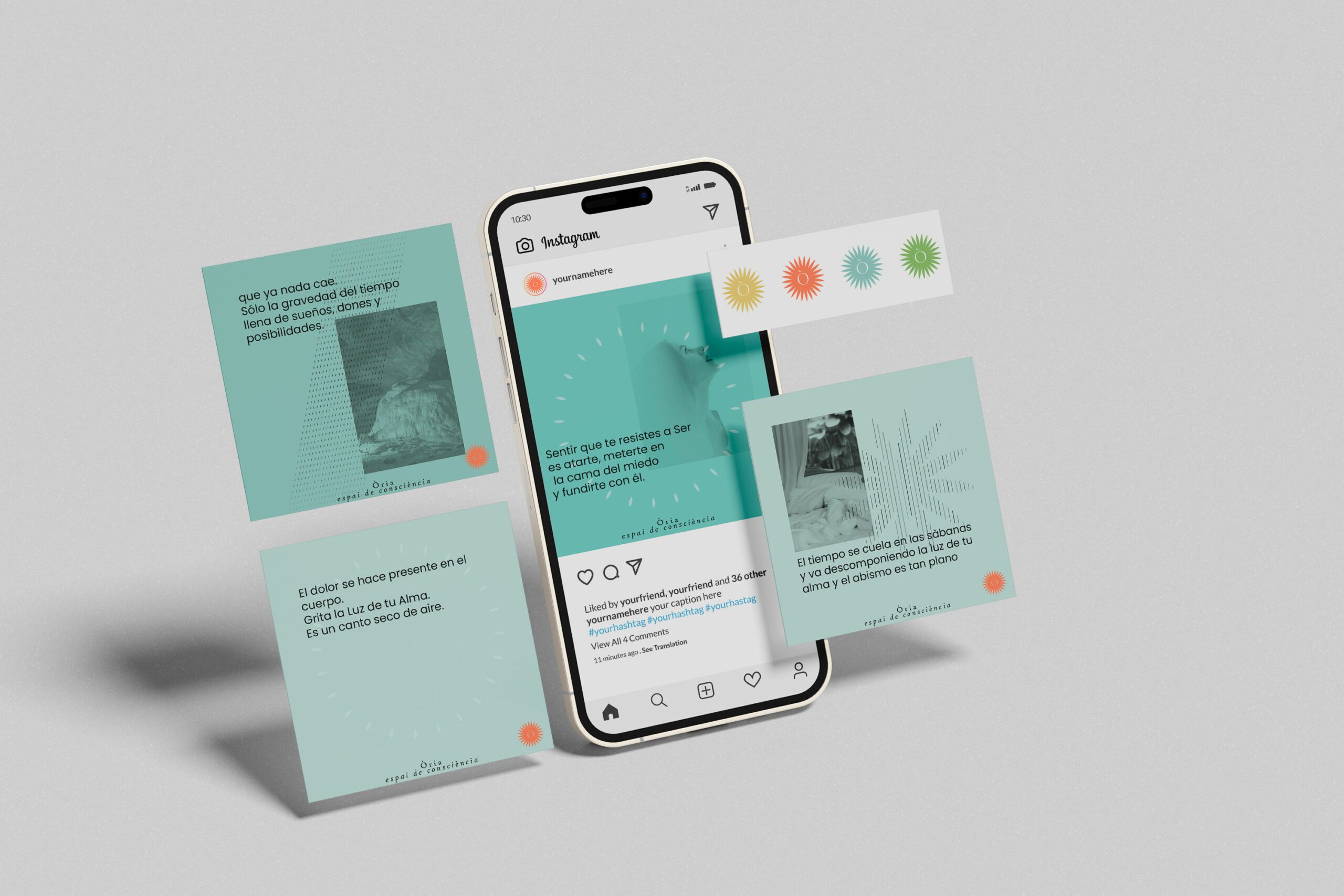 mockup dispositius mobils i tablet per projecte d'identitat de marca i xarxes socials d'Òria